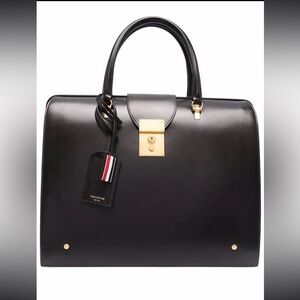 Thom Browne Black Leather Top-Handle Briefcase with Gold Hardware